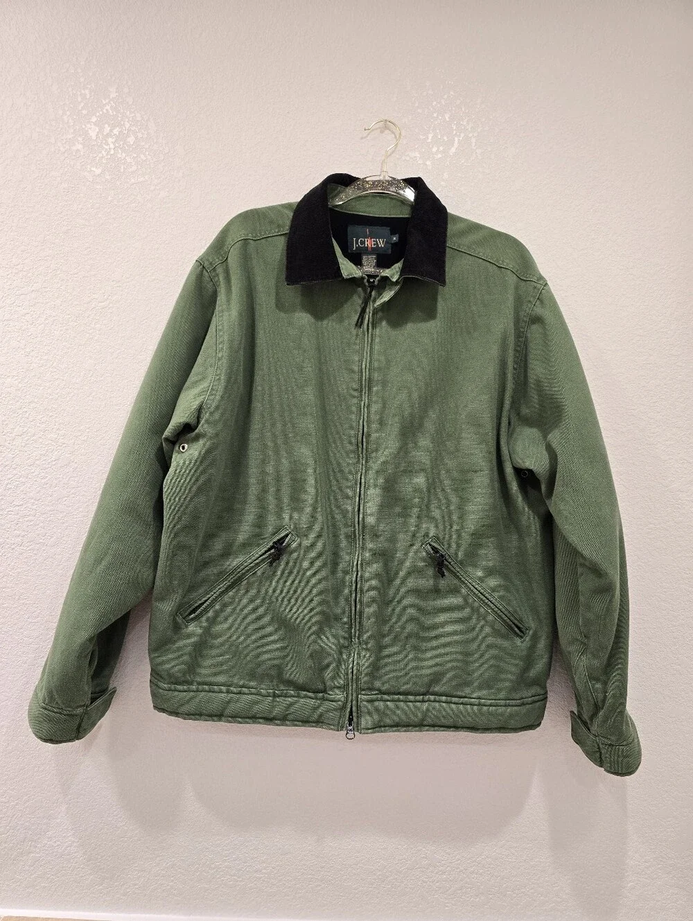 vintage green J.Crew 90's canvas work jacket with a black corduroy collar M